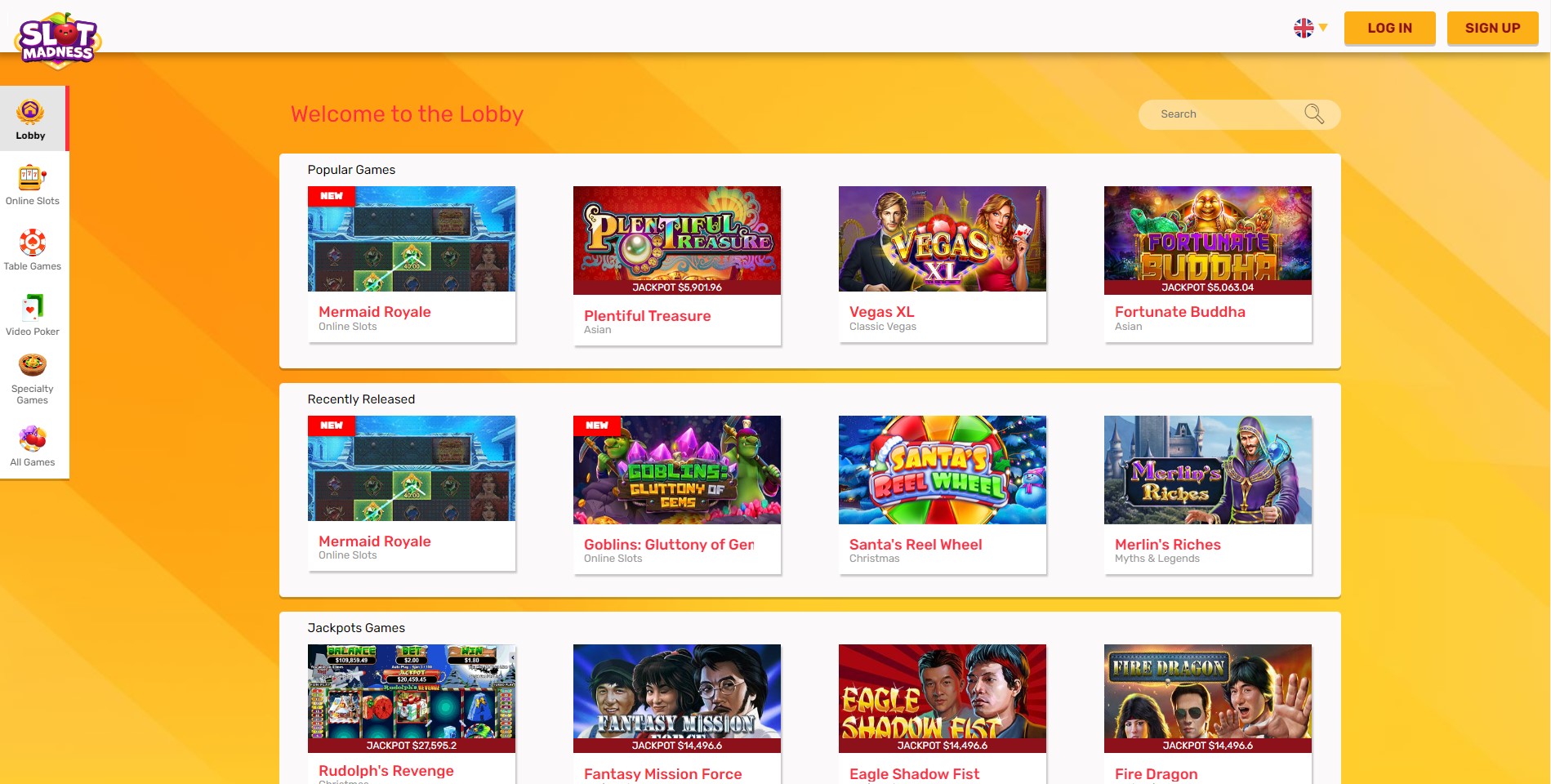 Game categories at Slot Madness
